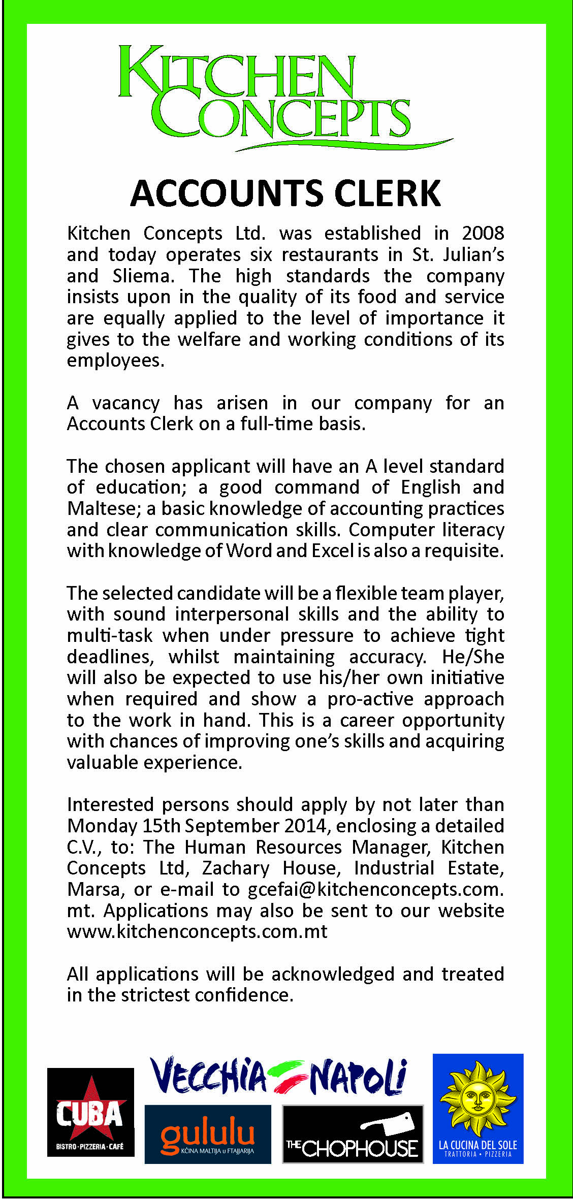Cash book clerk vacancies malta